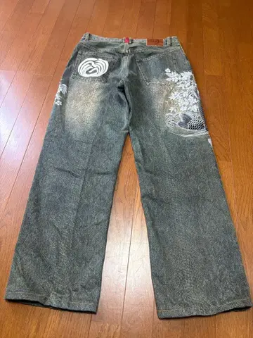 물고기와 꽃 자수 그레이 데님 팬츠 허리 36 인심 75cm