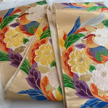 골드 컬러 후쿠로 오비 꽃과 새의 자수