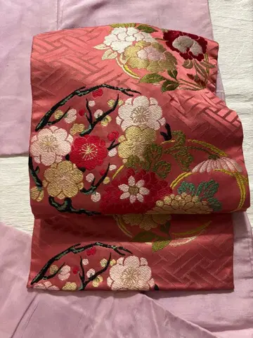 나고야 오비 연보라 꽃무늬 자수 앤티크