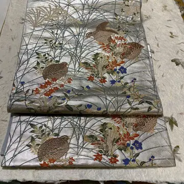 억새와 새 자수 후쿠로 오비 은색 202507032