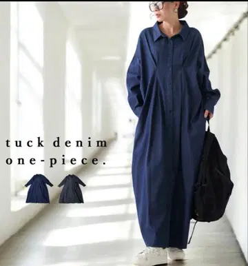 안티카 턱 데님 원피스 네이비 긴팔