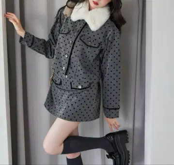 NICECLAUP 인조 모피 옷깃 파이핑 자켓 그레이