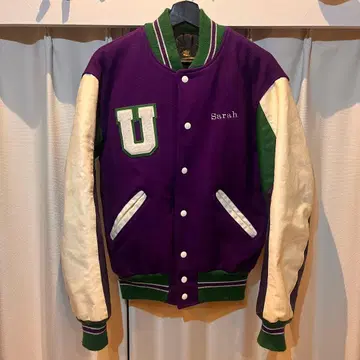 [ 90's ] 바시티 자켓 퍼플&그린 L 사이즈 멜톤 x 천연 가죽