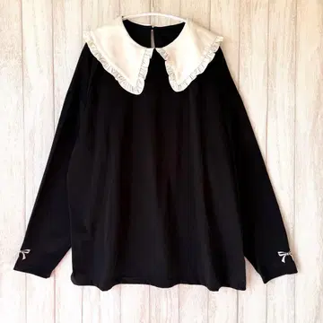 pium 피움 긴팔 롱 T셔츠 프릴 옷깃 리본 자수 루즈한 사이즈