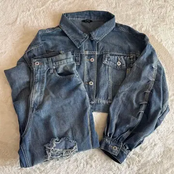 아베일 x Shoko 크롭 데님 자켓 & 데미지 팬츠 셋업