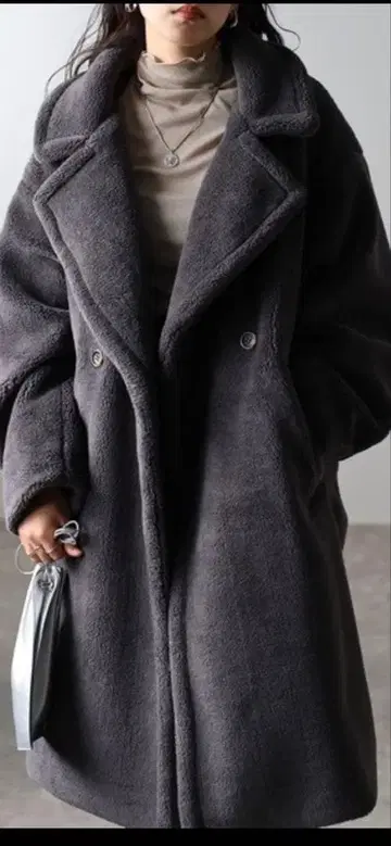 다크 그레이 더블 보아 코트, 테디베어 롱 코트