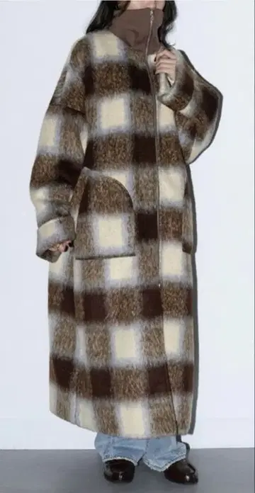 체크 무늬 퍼풍 롱 코트