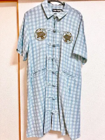 캔디 스트리퍼 스카이블루 체크 차이나 원피스