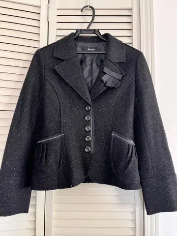 리본 포함 블랙 라메 믹스 테일러드 자켓