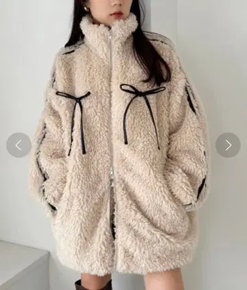 NICE CLAUP 사이드 라인 리본 보아 블루종 베이지 리본 없음