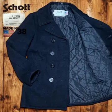 [두꺼운 원단] USA Schott 740N 안감 퀼팅 피코트 38 블랙