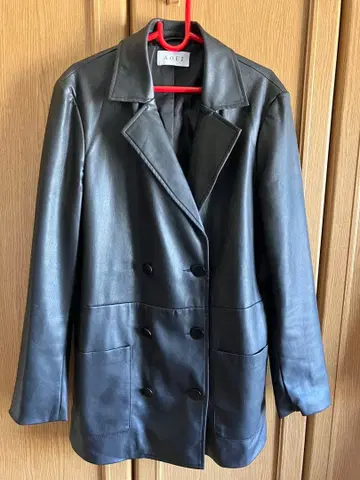 블랙 인조 가죽 더블 브레스트 코트