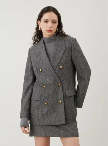 미라 오웬 금장 버튼 더블 브레스트 트위드 롱 블레이저