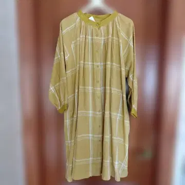 새상품 미사용 택 포함 면 린넨 체크 무늬 긴팔 원피스 내추럴