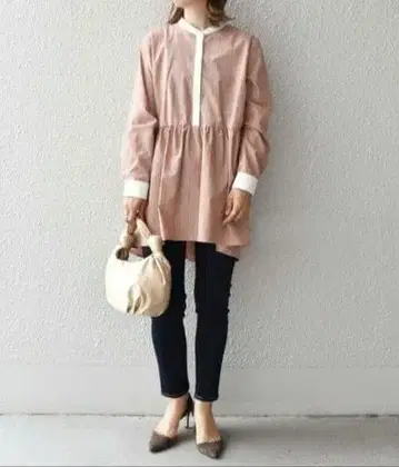 SHIPS 브로드 페플럼 블라우스 핑크 스트라이프 밴드 카라