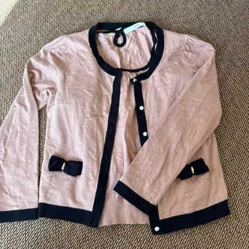 핑크 앙상블 긴팔 가디건 반팔 니트 바이컬러