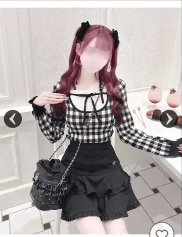 스트랩 리본 깅엄 체크 상의