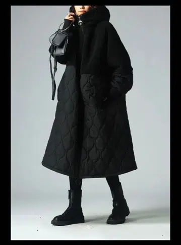 빅 지퍼 롱 코트 후드 부착 퀼팅 롱 코트 블랙