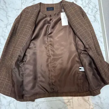 브라운 체크 노카라 자켓