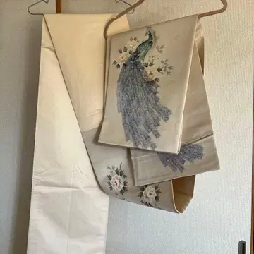 공작 패턴 후쿠로 오비 크림색