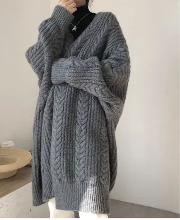 그레이 두꺼운 원단 니트 가디건 오버 사이즈