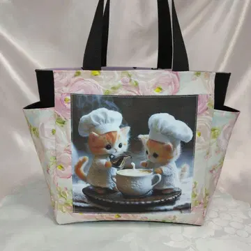 고양이 셰프 사이드 포켓 토트백 핸드메이드 양면 패널 원단