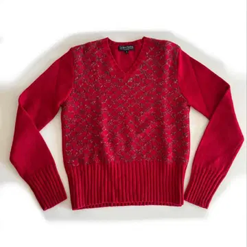 여성용 V넥 니트 스웨터 빨간색