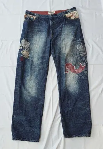 카라쿠리타마시 청바지 사이즈 40 빅사이즈 자수 잉어 국화