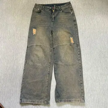 데미지 가공 그레이 와이드 레그 청바지