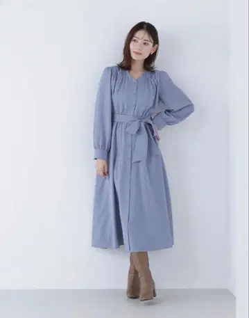 내추럴 뷰티 베이직 블루 긴팔 롱 원피스