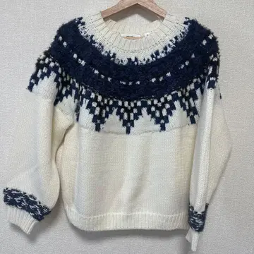 니코앤드 노르딕 무늬 니트 스웨터 긴팔 화이트/네이비