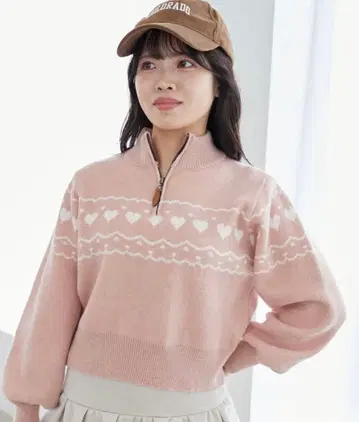 MAJESTIC LEGON 하트 무늬 지퍼 하이넥 스웨터 M 핑크