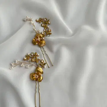 놋쇠 플라워 & 펄 앤티크풍 헤어 액세서리 세트 웨딩 잡화