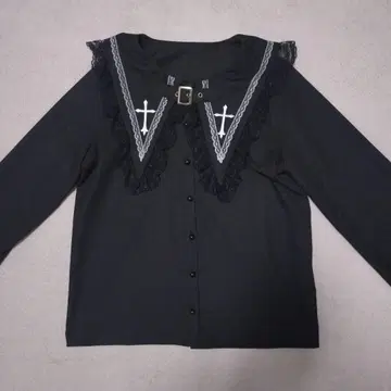 Mars BIG 옷깃 크로스 자수 블라우스 블랙