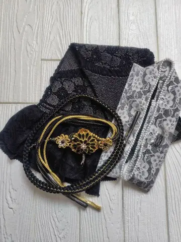 오비 장식 천, 허리띠, 겹 카라 블랙 금 총 쥐어짜기 후리소데용 성인식