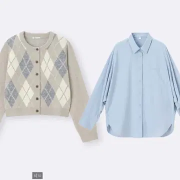 GU 퍼프 니트 아가일 크루넥 가디건 돌먼 슬리브 셔츠