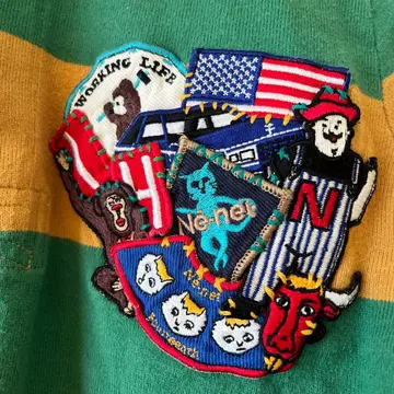 긴팔 피케 셔츠 그린 노랑 스트라이프 자수 와펜 네넷