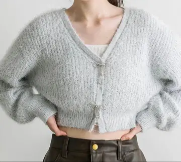 올리브데올리브 복슬복슬 리본 비쥬 가디건 색스 블루