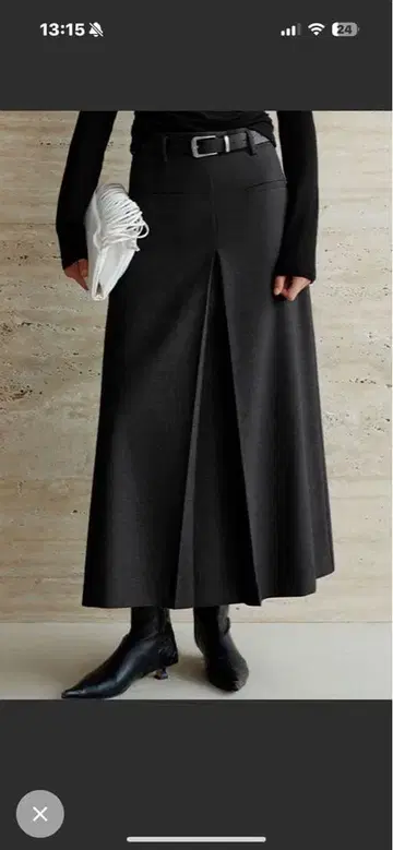 다크 그레이 플리츠 롱 스커트 벨트 포함