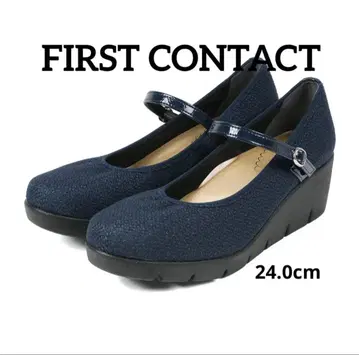 미사용 FIRST CONTACT 펌프스 24cm 네이비 통굽 웨지