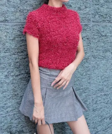 AMBIENT 샤기 얀 프렌치 슬리브 니트 빨간색