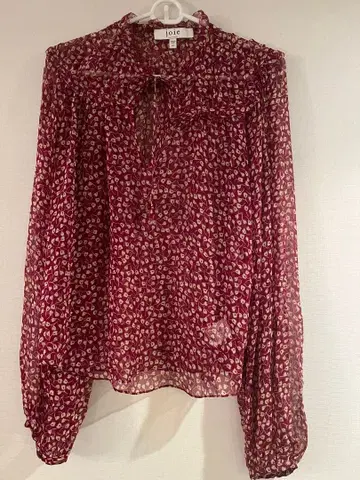 joie 버건디 미니 꽃무늬 실크 긴팔 시어 블라우스 XXS