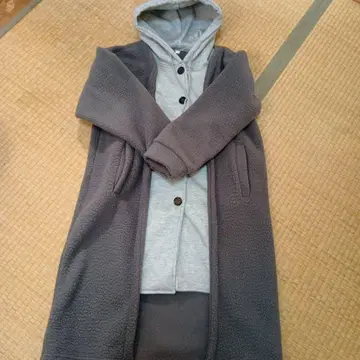 플리스 후드 부착 롱 코트 그레이 미사용
