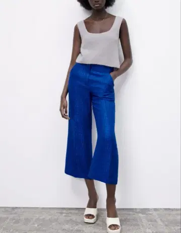 [ 미사용 ] ZARA 텍스처 하이웨스트 와이드 팬츠 파랑