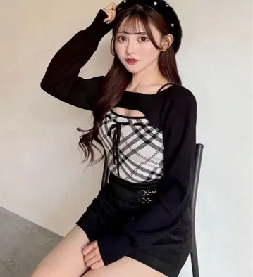 NOMAE 체크 리본 숏 레이어드 니트