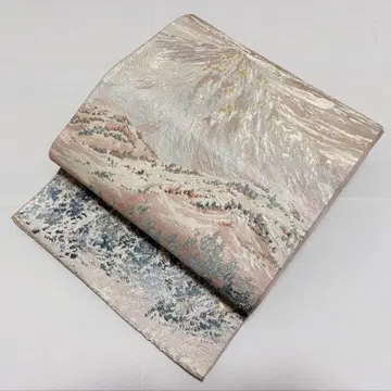 A 후지산 산 무늬 금은사 옅은 핑크 순수 실크 후쿠로 오비 포멀 O27