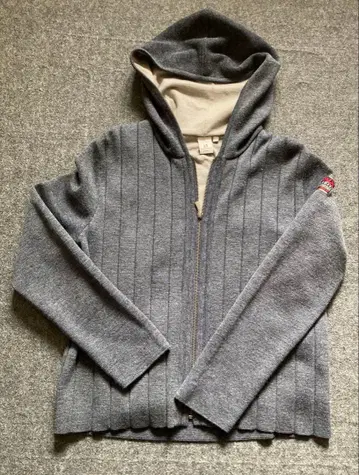 그레이 스트라이프 후드 부착 니트 가디건 L 사이즈