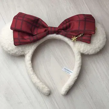 귀 달린 머리띠 빨간색 체크 리본