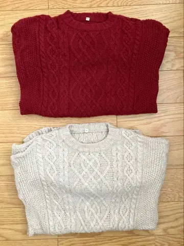 MUJI 케이블 니트 스웨터 M 사이즈 빨간색 베이지 2색 세트