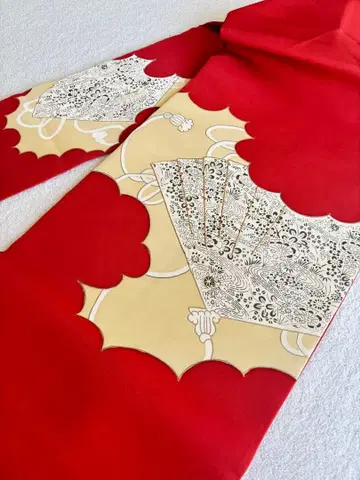 순수 실크 시오제 나고야 오비 주홍색과 크림색 부채 무늬